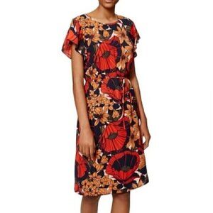 ANN TAYLOR LOFT Autumn Blossom Flutter Dress Red Navy Blue Floral Midi NO BELT